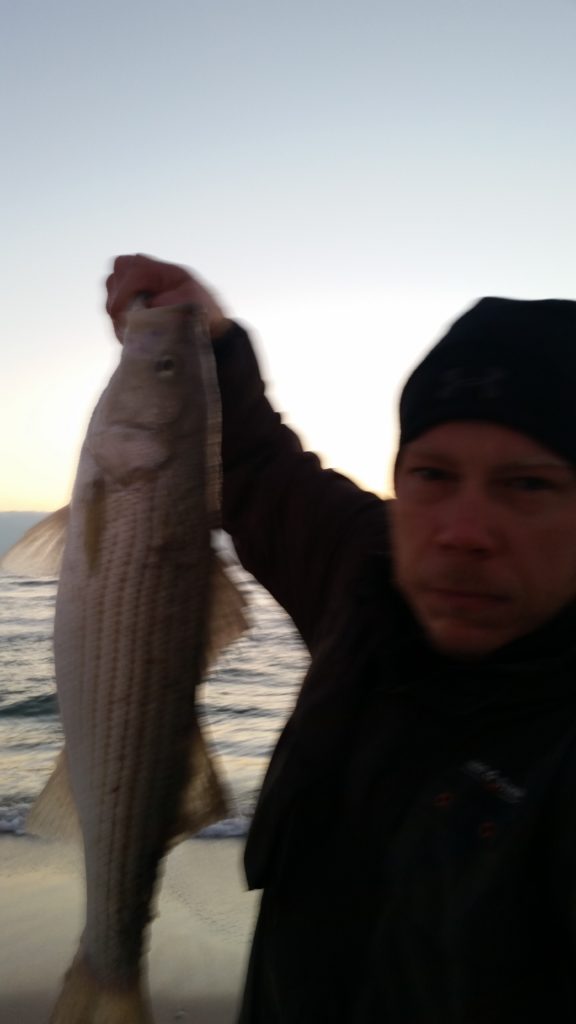 My story catching my first striped (striper) bass while surf fishing in New Jersey